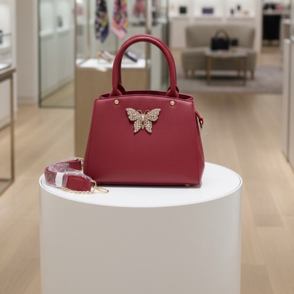 Crossi NY Handbag/Purse/Shoulder Bag With Butterfly Emblem  Ruby Red New W Tags